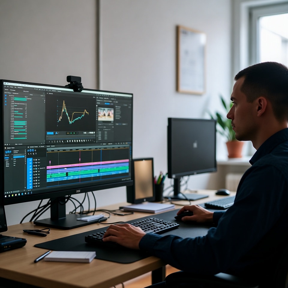 Person using computer for video editing, creative workspace, modern office setup, content creator at work, natural lighting, professional photo style