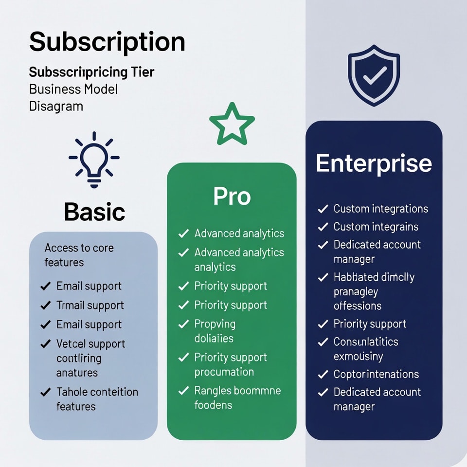 Subscription pricing tiers infographic, clear visual hierarchy, modern design, business model diagram, clean layout, professional infographic style