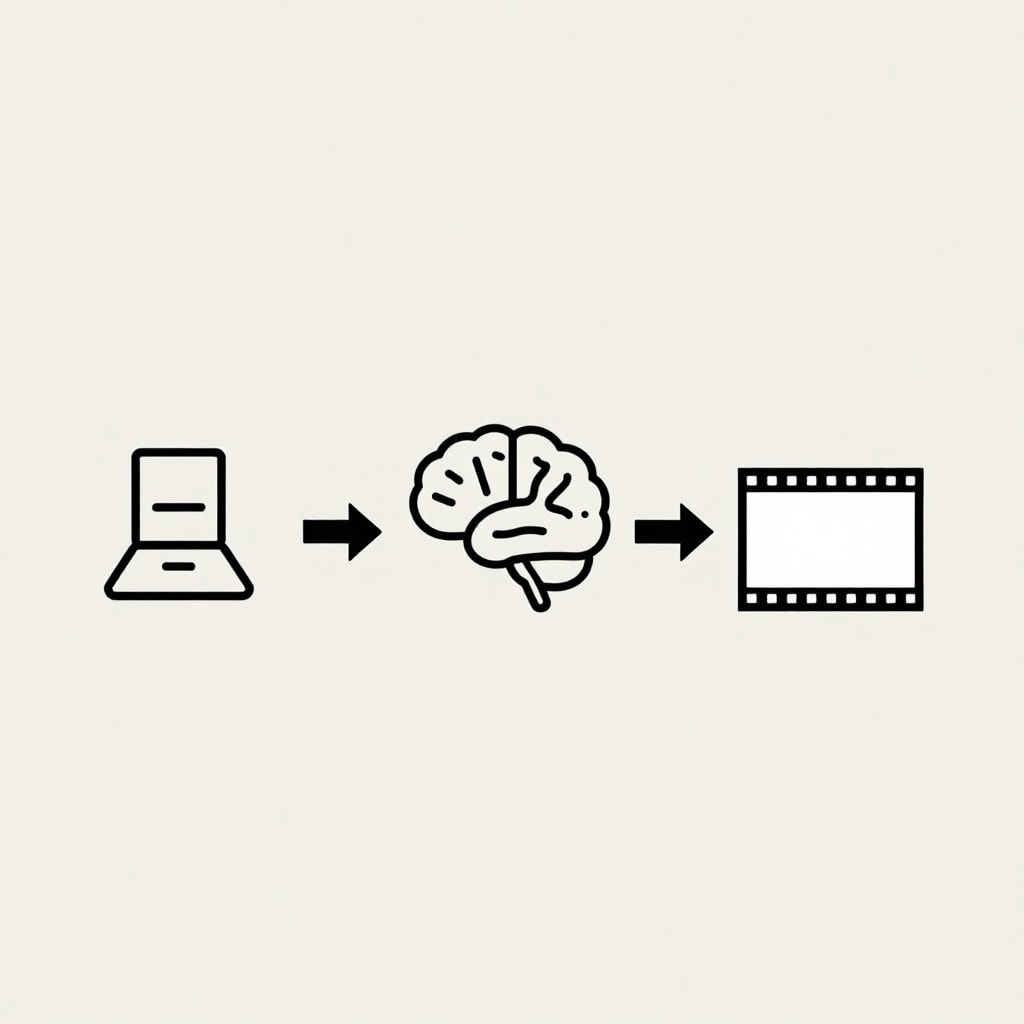 A clean, minimalist diagram showing a simple 3-step process: an icon for text/image input, an arrow pointing to a brain icon representing AI processing, and another arrow pointing to a film strip icon