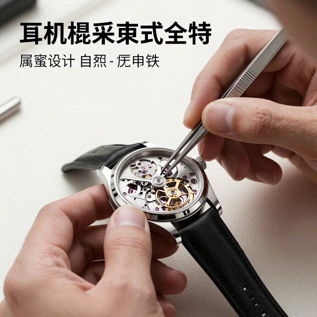 A close-up product shot of a master watchmaker assembling a complex, intricate mechanical watch with tweezers, symbolizing precision, control, and high-quality craftsmanship, professional photo.