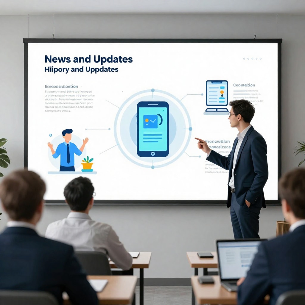 News and updates visual, technology announcement concept, innovation showcase, professional presentation style, modern corporate photography