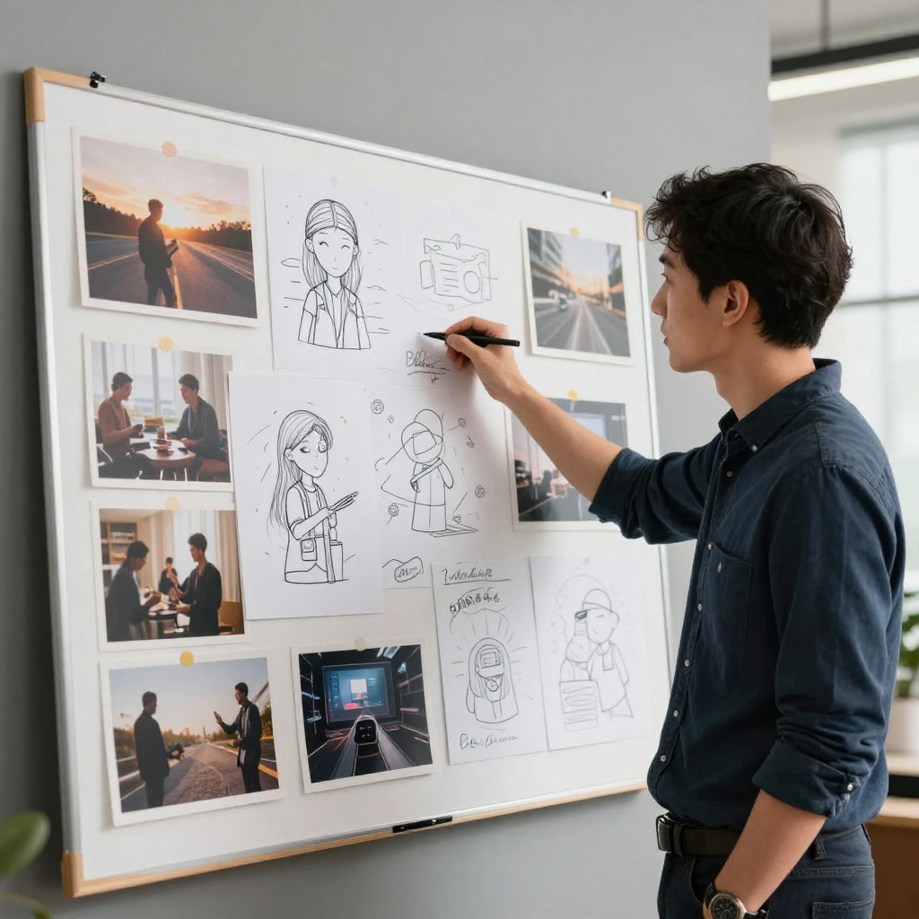 Lifestyle photo, a creative director in a stylish studio, looking at a large mood board filled with inspiring images and sketches, planning a video project, focused expression.