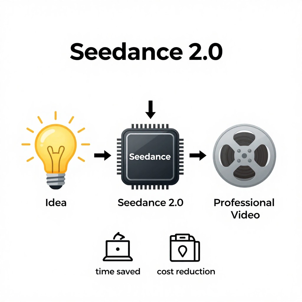 Clean infographic, a simple flowchart diagram showing three steps: a lightbulb icon (Idea), a processor icon with 'Seedance 2.0' text, and a film reel icon (Professional Video). Arrows connect them, w