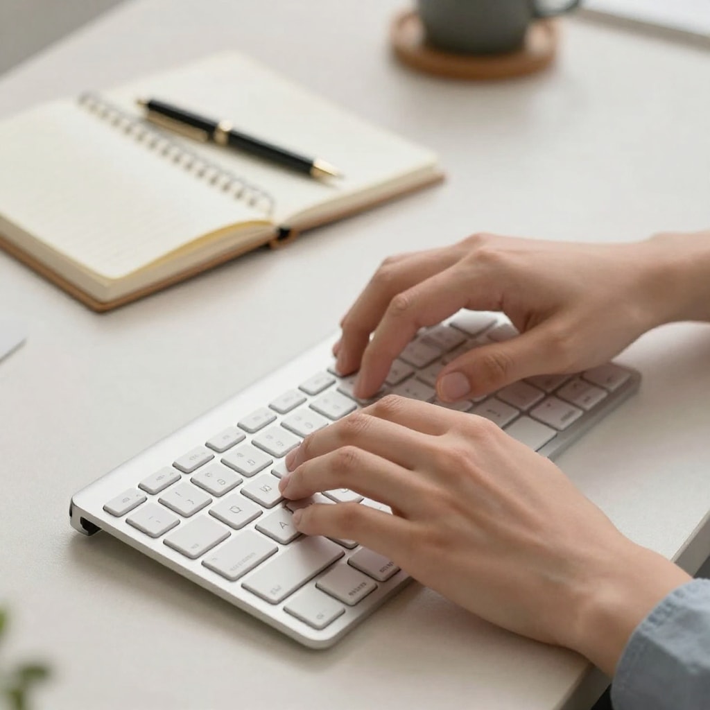 Professional photo, close-up on hands typing on a sleek, minimalist keyboard. A Moleskine-style notebook and a pen are on the desk nearby. Soft, focused lighting.
