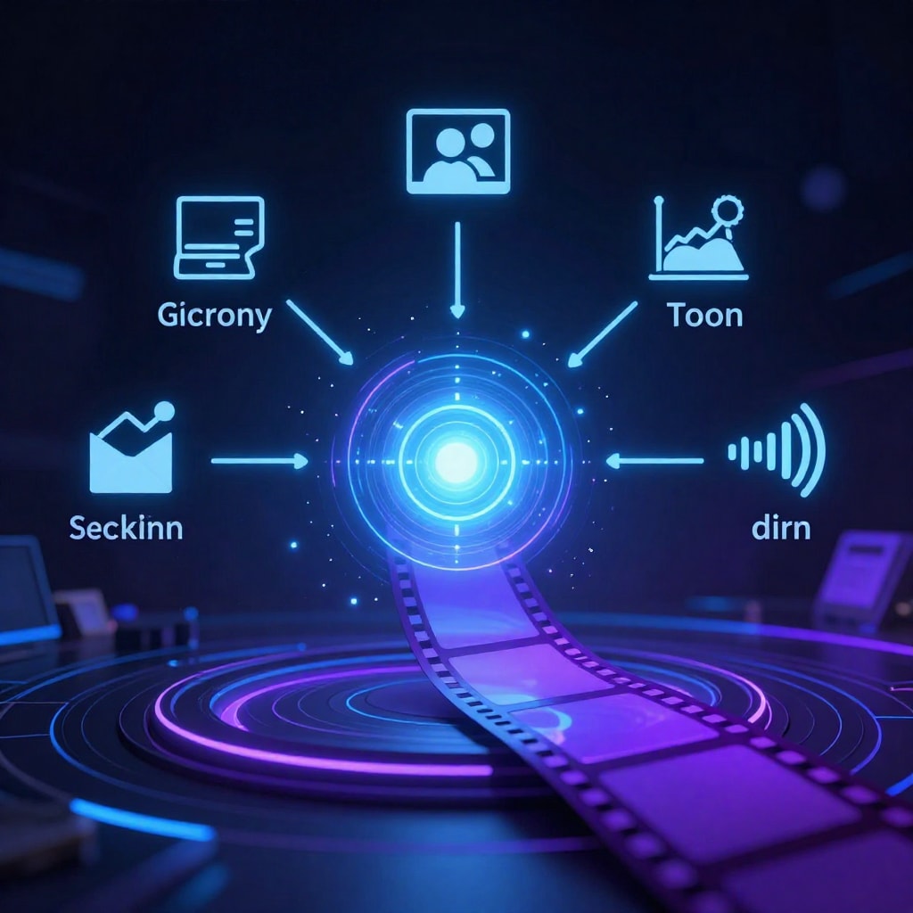 professional photo, an abstract diagram showing multiple inputs (text icon, image icon, sound wave icon) merging into a central glowing core that outputs a strip of film, futuristic, dark background, 