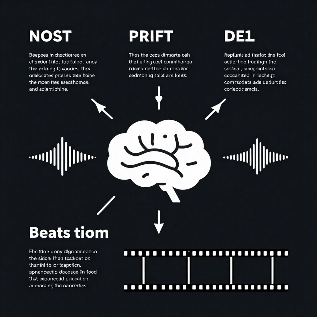 Infographic diagram showing text, image, and sound wave icons feeding into a central neural network shape, which outputs a cinematic film strip, minimalist style on a dark background.