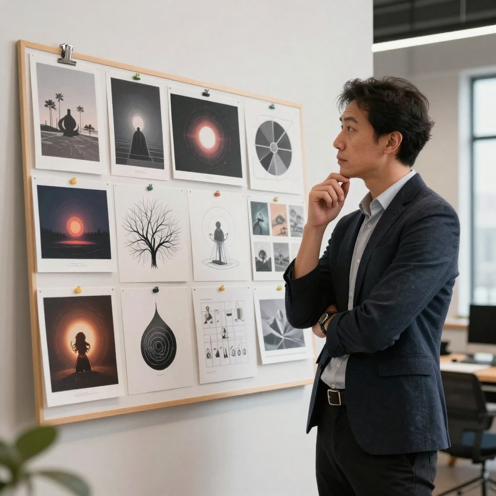Professional lifestyle photo of a creative director standing in a modern studio, looking thoughtfully at a mood board filled with concept art and dramatic lighting schemes.
