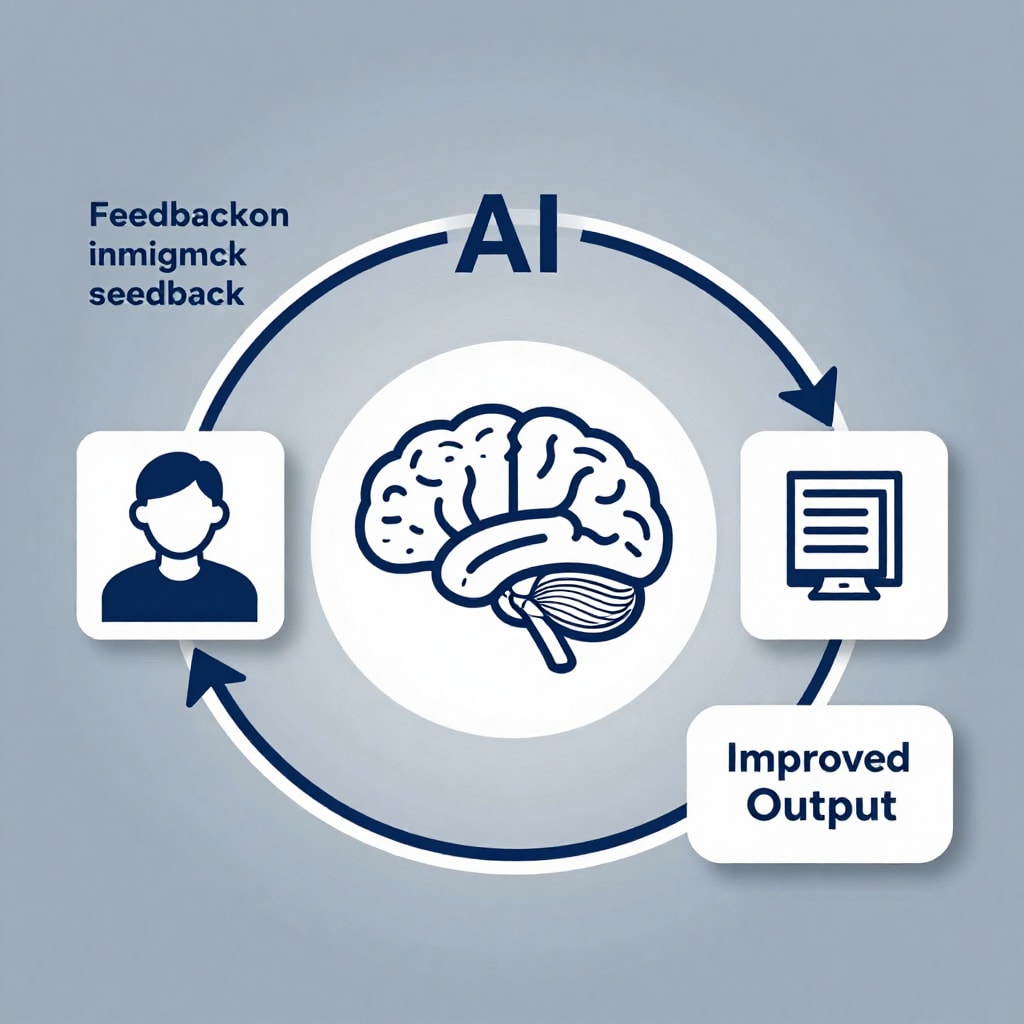 Clean infographic diagram showing a simple feedback loop: user input on the left, an 'AI brain' icon in the middle, and improved output on the right, representing a learning process.