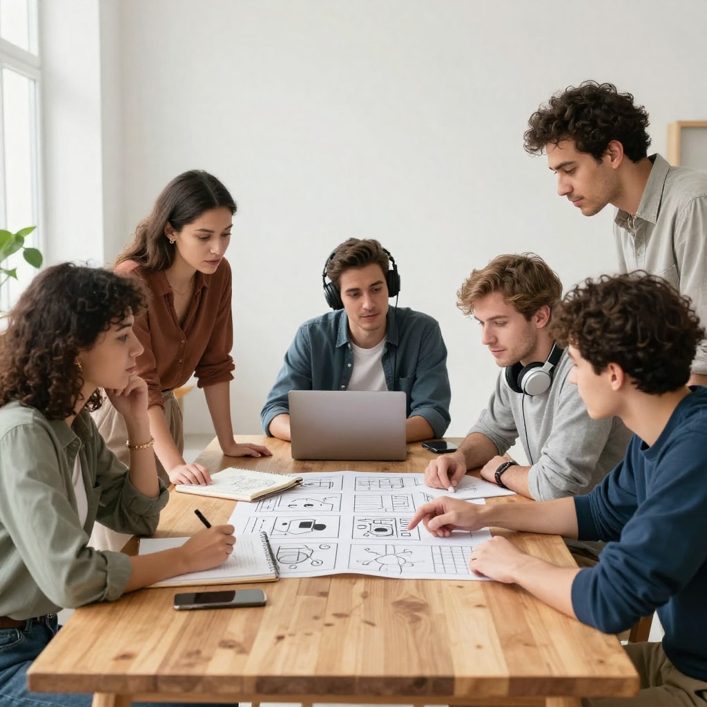 lifestyle photo, a diverse group of young creative professionals (a woman with a sketchbook, a man with headphones, another person pointing at a storyboard) collaborating around a large wooden table i