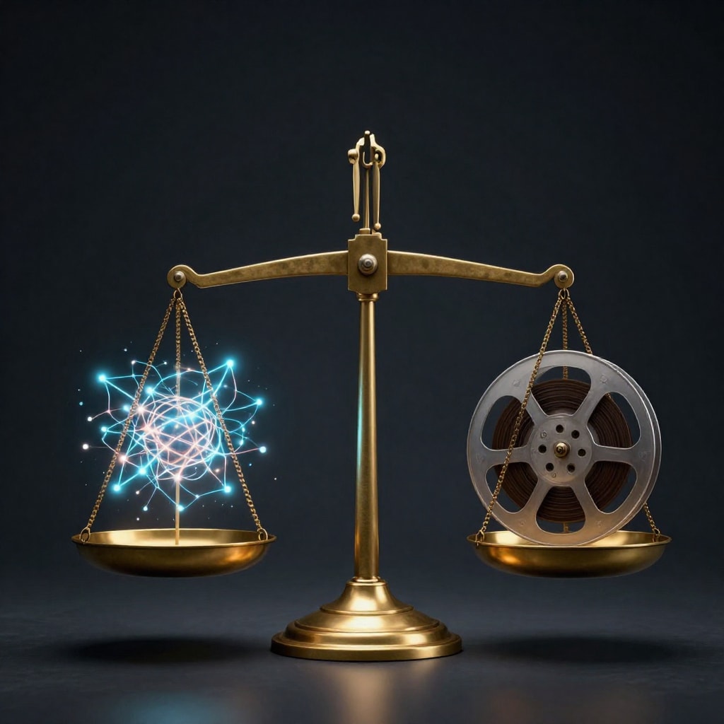 Conceptual photo of a classic brass scale balancing a glowing, abstract neural network on one side and a vintage film reel on the other, against a dark, dramatic background, symbolizing the balance be