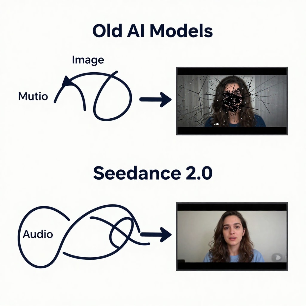 clean infographic diagram comparing two processes. Top path, labeled 'Old AI Models', shows fragmented arrows for text, image, audio leading to a shaky, pixelated video frame. Bottom path, labeled 'Se