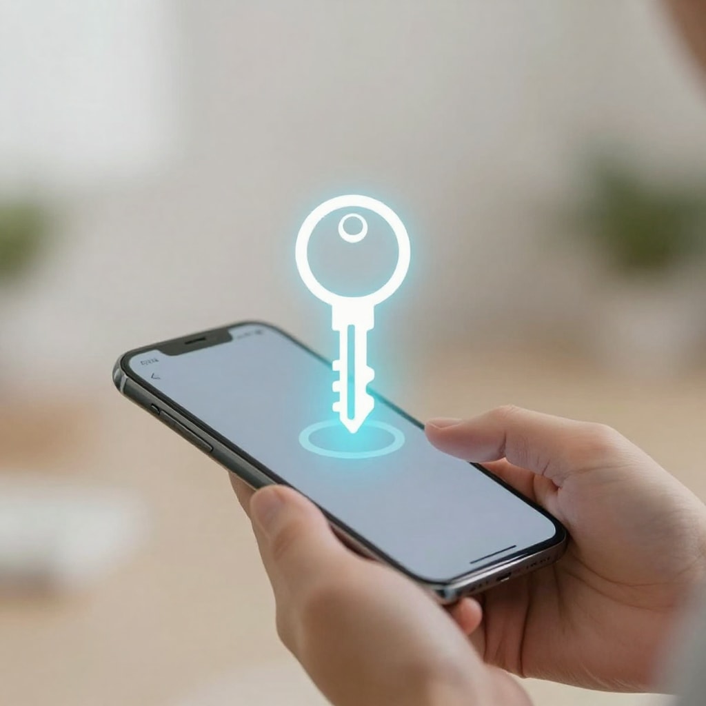 Lifestyle shot of a person's hands holding a smartphone, with a minimalist, glowing key icon projected above the screen, suggesting access granted to an exclusive service, soft focus background.