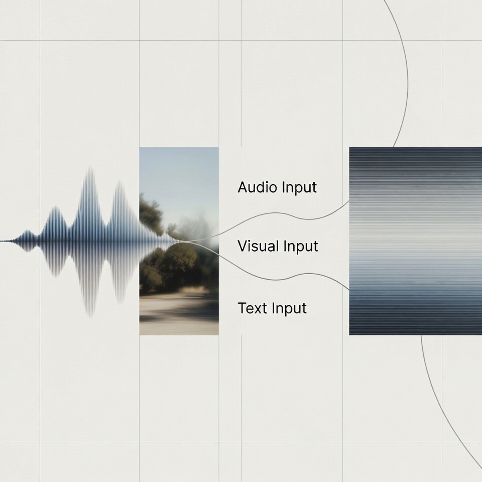 Abstract infographic showing multiple inputs like a sound wave, a photograph, and text lines merging into a single cinematic video stream, minimalist style.