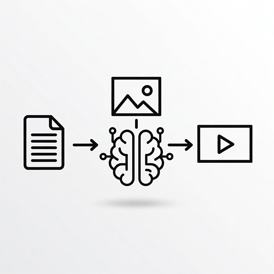 Infographic diagram showing a simple workflow: a text document icon and an image icon pointing with arrows to an AI brain icon, which then points to a video play button icon. Style: clean, minimalist,