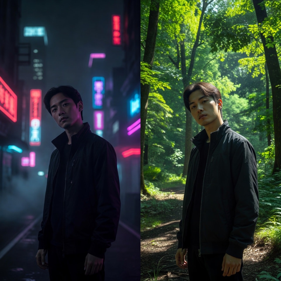 Di-ptych photo comparison: left side shows a character in a dark, neon-lit city; right side shows the exact same character in a sunny forest. Highlighting perfect character consistency, cinematic styl