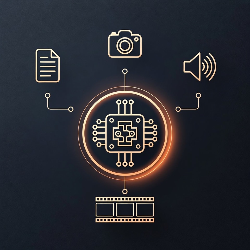Diagram showing multiple inputs (text icon, image icon, audio wave icon) flowing into a central brain-like AI processor, which then outputs a film strip. Style: clean infographic, minimalist, on a dar