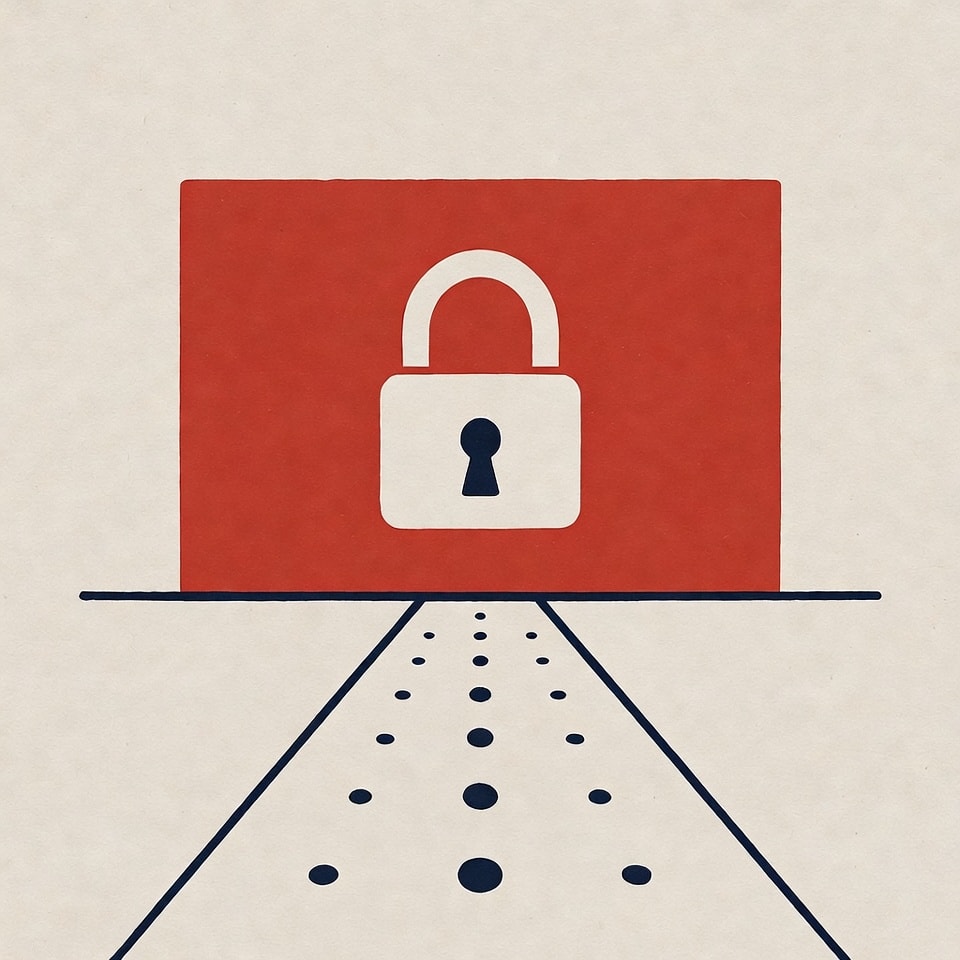 Infographic diagram showing a clear path leading to a large red wall with a 'Region Locked' padlock symbol, symbolizing access difficulties, clean and minimalist style.
