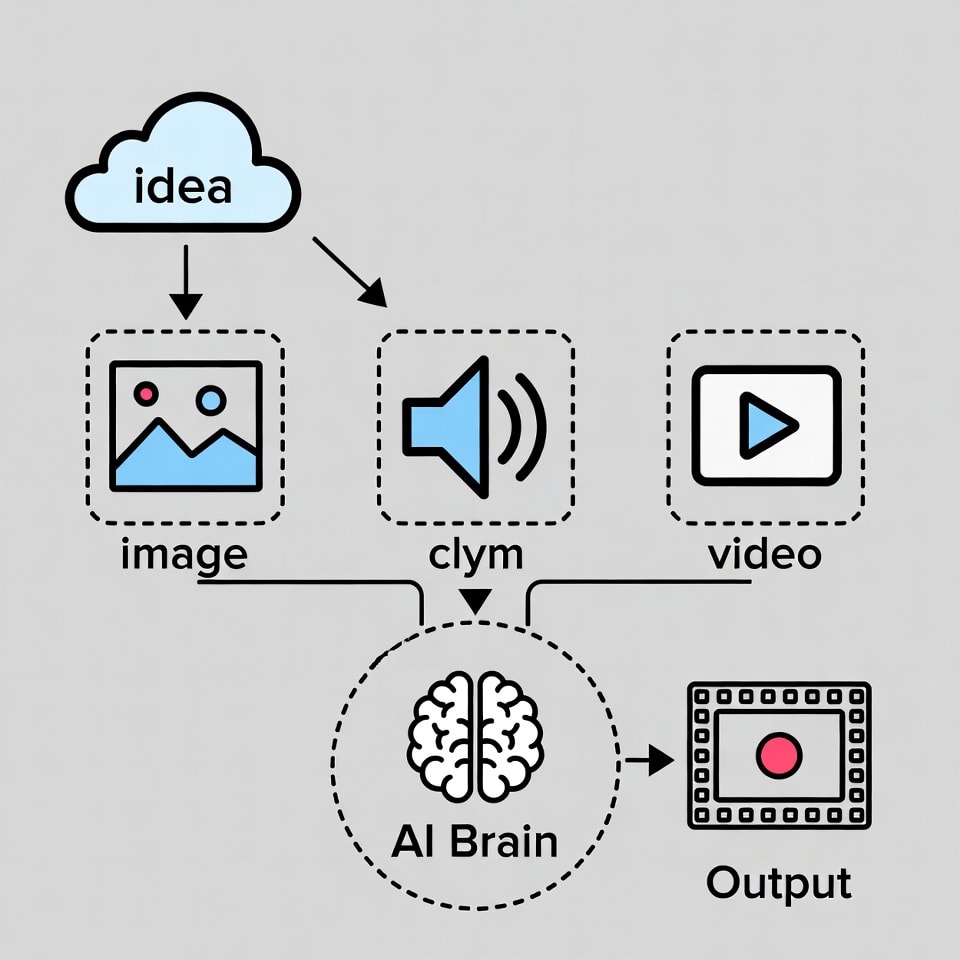 An infographic diagram illustrating a creative workflow: an idea cloud connects to icons representing a photo, a sound wave, and a video clip, which then feed into a central 'AI Brain' icon, producing