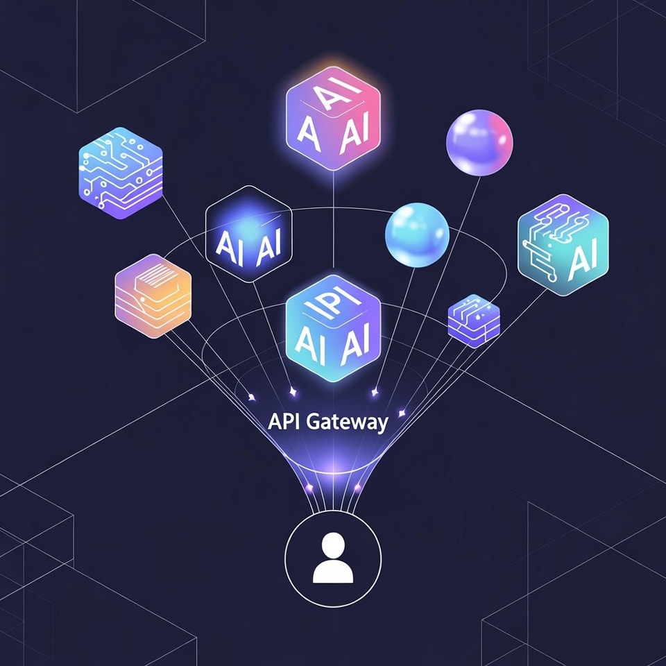 Diagram showing several abstract AI icons (glowing cubes and spheres) funneling into a central hub labeled 'API Gateway', which then connects to a single user icon, illustrating the concept of an aggr