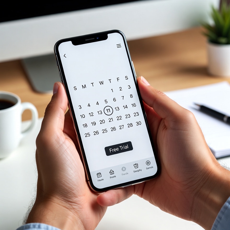 Lifestyle photo of a person's hands holding a smartphone, looking at a calendar app. One day is circled with the label 'Free Trial'. The background is a clean, modern workspace. Style: professional, t