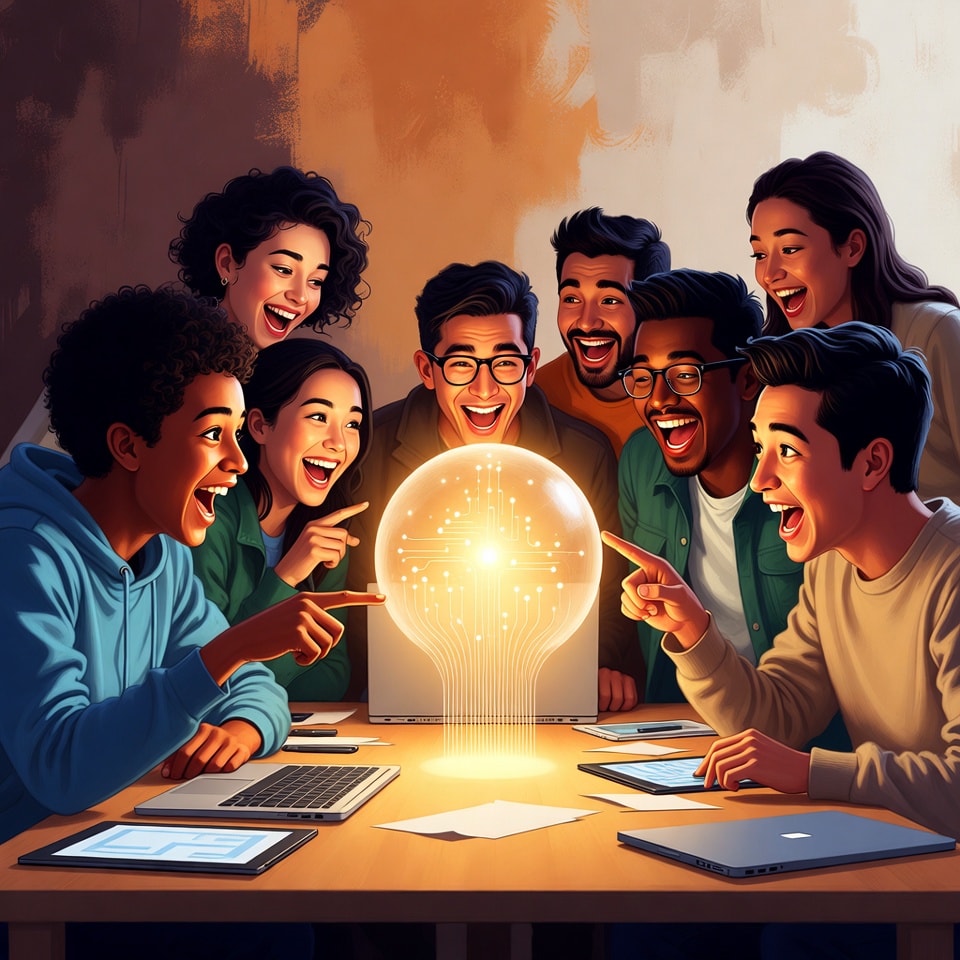 Lifestyle photo of a young, diverse group of content creators collaborating around a table, laughing and pointing at a glowing orb in the center, symbolizing a shared creative AI project. lifestyle, w