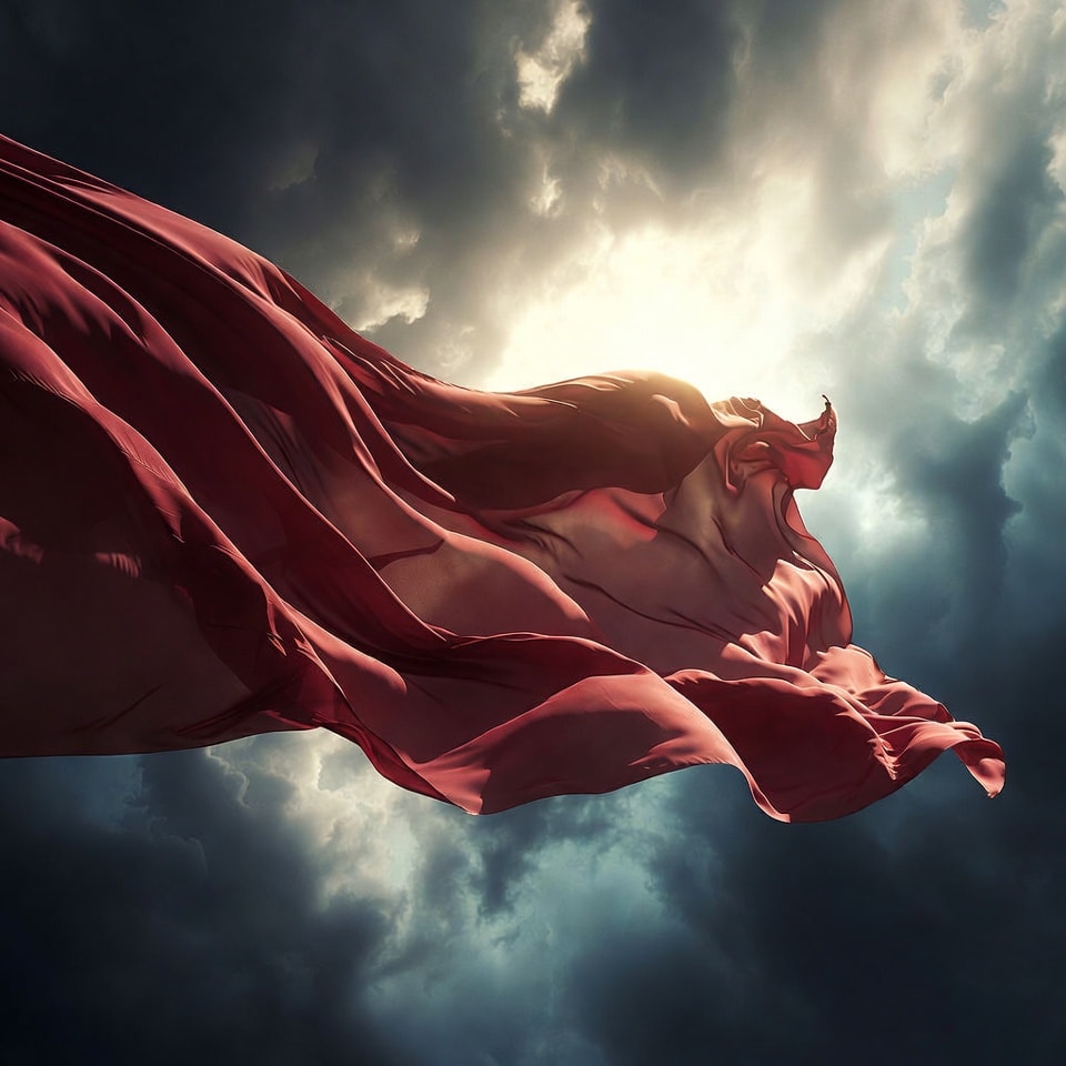 Hyper-realistic, AI-generated video still of a red silk fabric flowing gracefully in the wind against a dramatic sky. The image emphasizes the realistic physics of the cloth, cinematic shot.