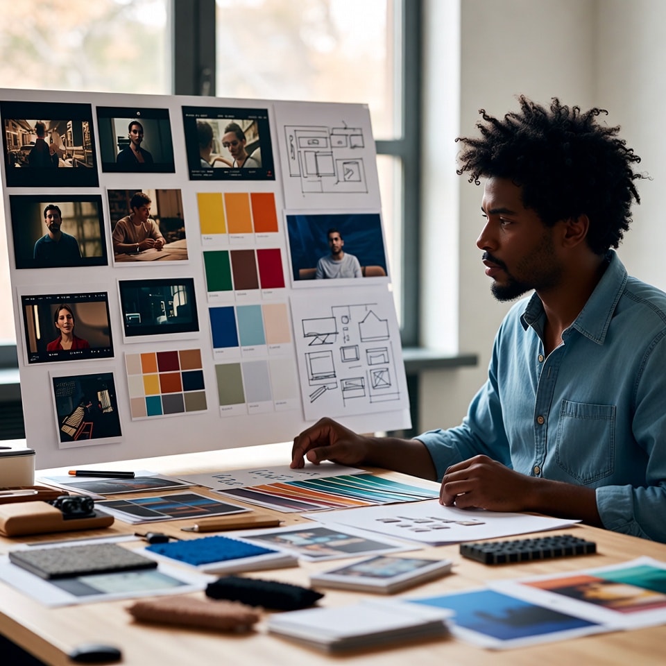 Lifestyle photo of a creative director thoughtfully looking at a physical mood board with cinematic stills, color swatches, and hand-drawn sketches, planning a video scene. Soft, natural lighting from