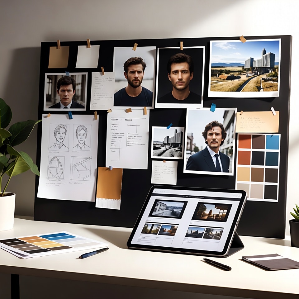 Lifestyle photo of a creative director's desk. On the desk is a mood board with photos of actors, location sketches, text notes, and a tablet showing a storyboard. Professional, clean, and inspiring a