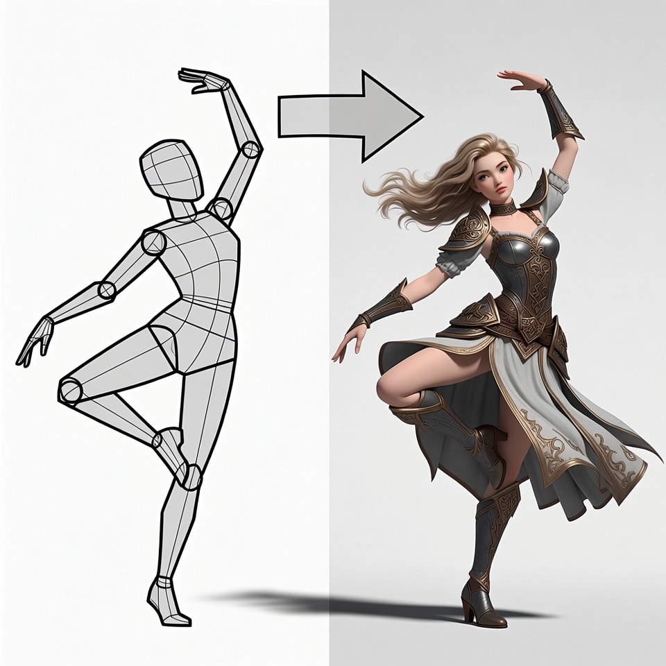 A dynamic diagram illustrating the concept of motion transfer. On the left, a wireframe figure of a person dancing. An arrow points to the right, where a photorealistic animated female character in a