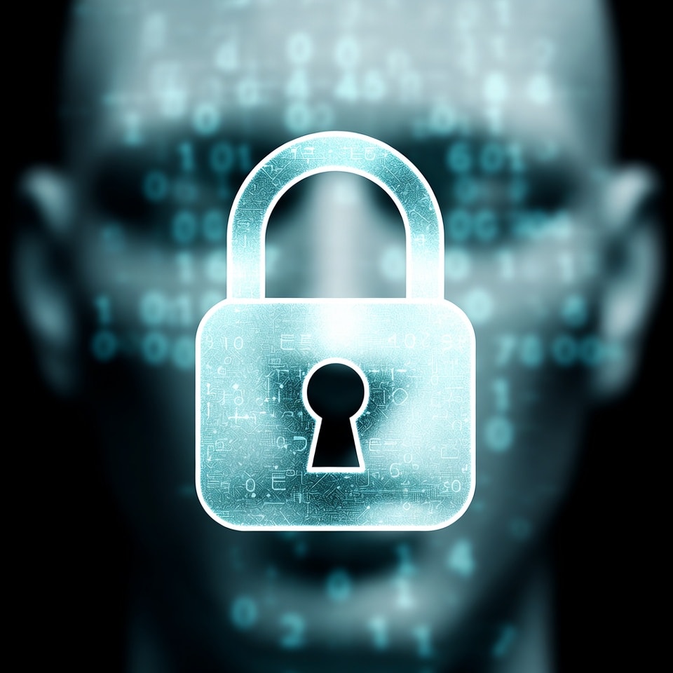 A conceptual photograph of a digital lock overlaying a blurred human face, symbolizing AI ethics, data privacy, and copyright protection in generative models. professional photo, abstract.