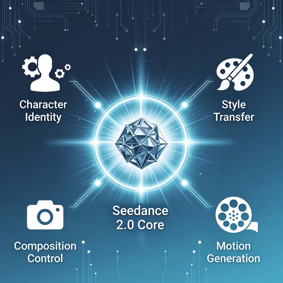 Infographic style product shot. Icons representing 'Character Identity', 'Style Transfer', 'Composition Control', and 'Motion Generation' are arranged around a central glowing orb labeled 'Seedance 2.