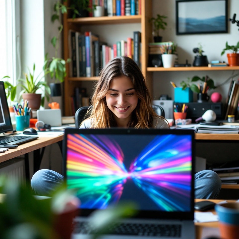 A lifestyle photo of a young female content creator smiling, looking at a laptop. The laptop screen is out of focus, but the reflection shows vibrant, colorful abstract motion graphics. The setting is