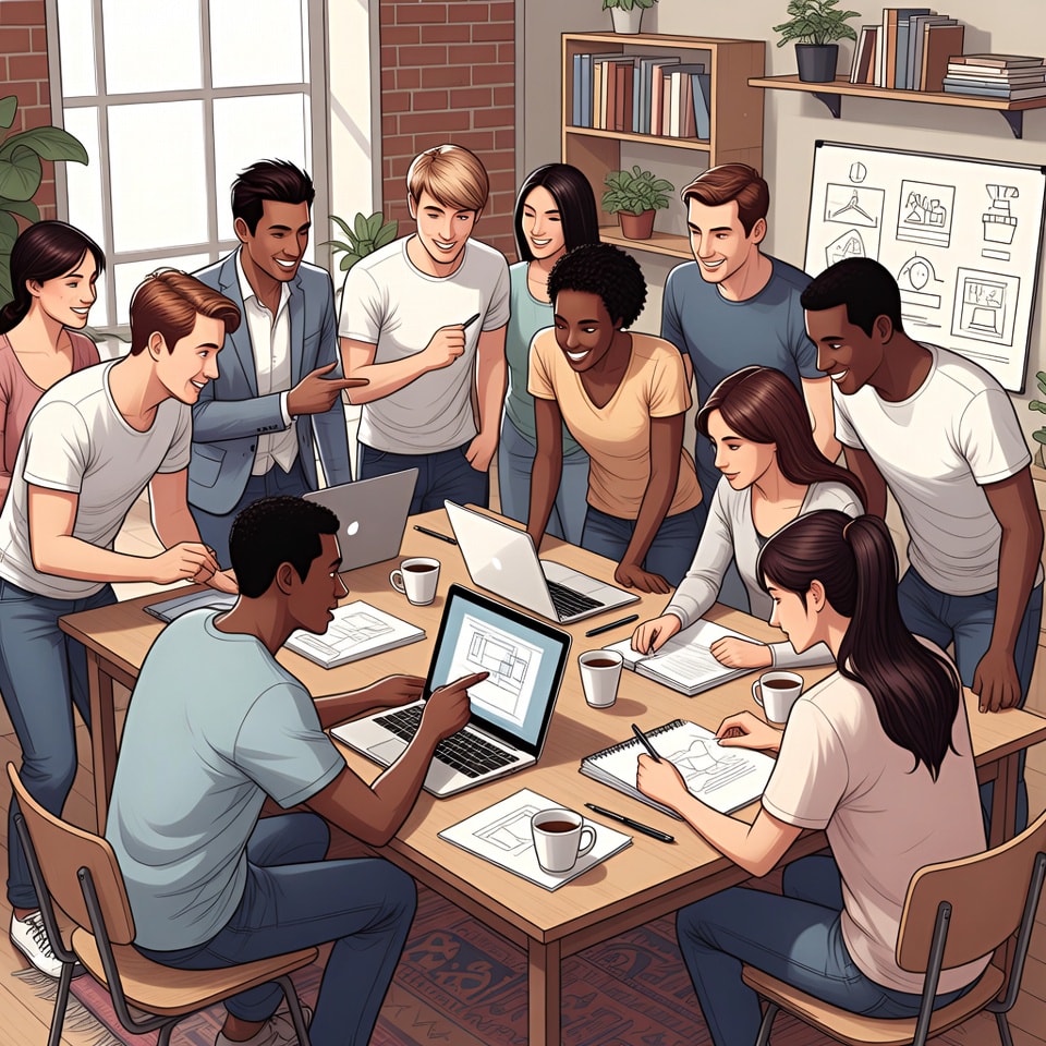 Lifestyle photo of a diverse, young creative team collaborating around a wooden table. They are brainstorming, pointing at a laptop, and sketching on notepads. The atmosphere is energetic, collaborati